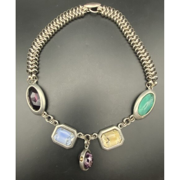 Unbranded Jewelry - Chainmail Choker Bold Faceted Glass Bezel Gems Silver Tone Toggle 16" Necklace